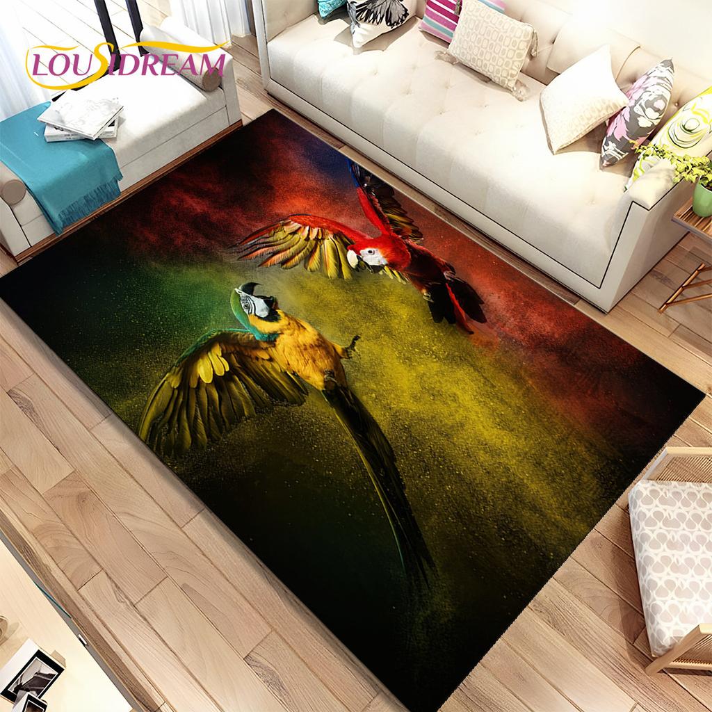 Teppich mit bunten Papageien, Aras und Vögeln, Teppich für Zuhause, Wohnzimmer, Schlafzimmer, Sofa, Fußmatte, Küchendekoration, rutschfeste Bodenmatte für Kinder