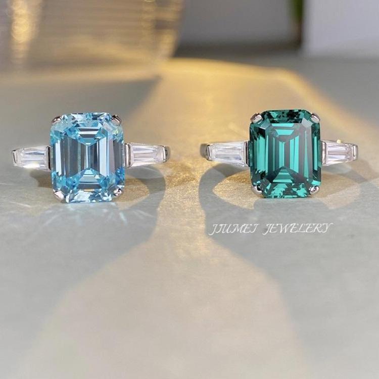 Jiu Mei Emerald Cut Zircon & High Carbon Diamond Ring In S925 Sterling Silver