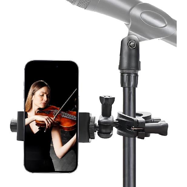 Phone Holder for Mic Stand, 360° Adjustable Smartphone Clip with Secure Lock, Fits for iPhone & Samsung Most Phones, for Music Performance,