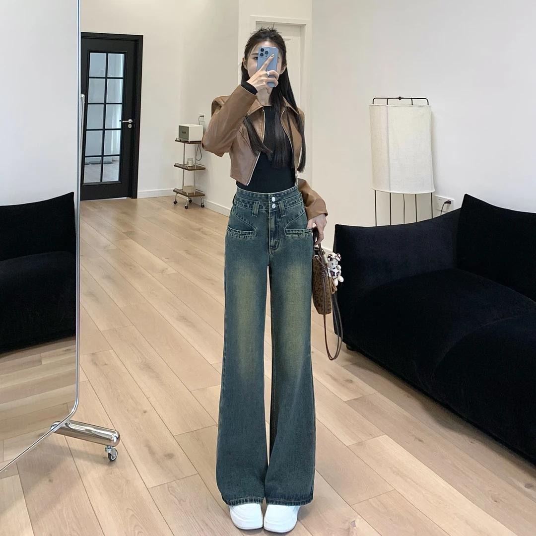 Retro High-Waisted Wide-Leg Women’s Jeans - 2026 Autumn Washed Elastic Loose Fit Retro Blue Cropped Pants [Height below 158cm]