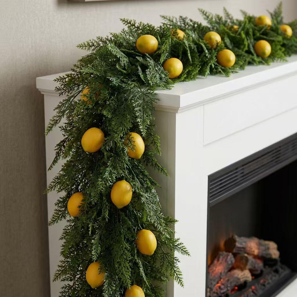 Artificial Cedar Lemon Garland 5.74Ft 175cm Realistic PVC Fabric Green Foliage with Yellow Lemons Indoor Decor