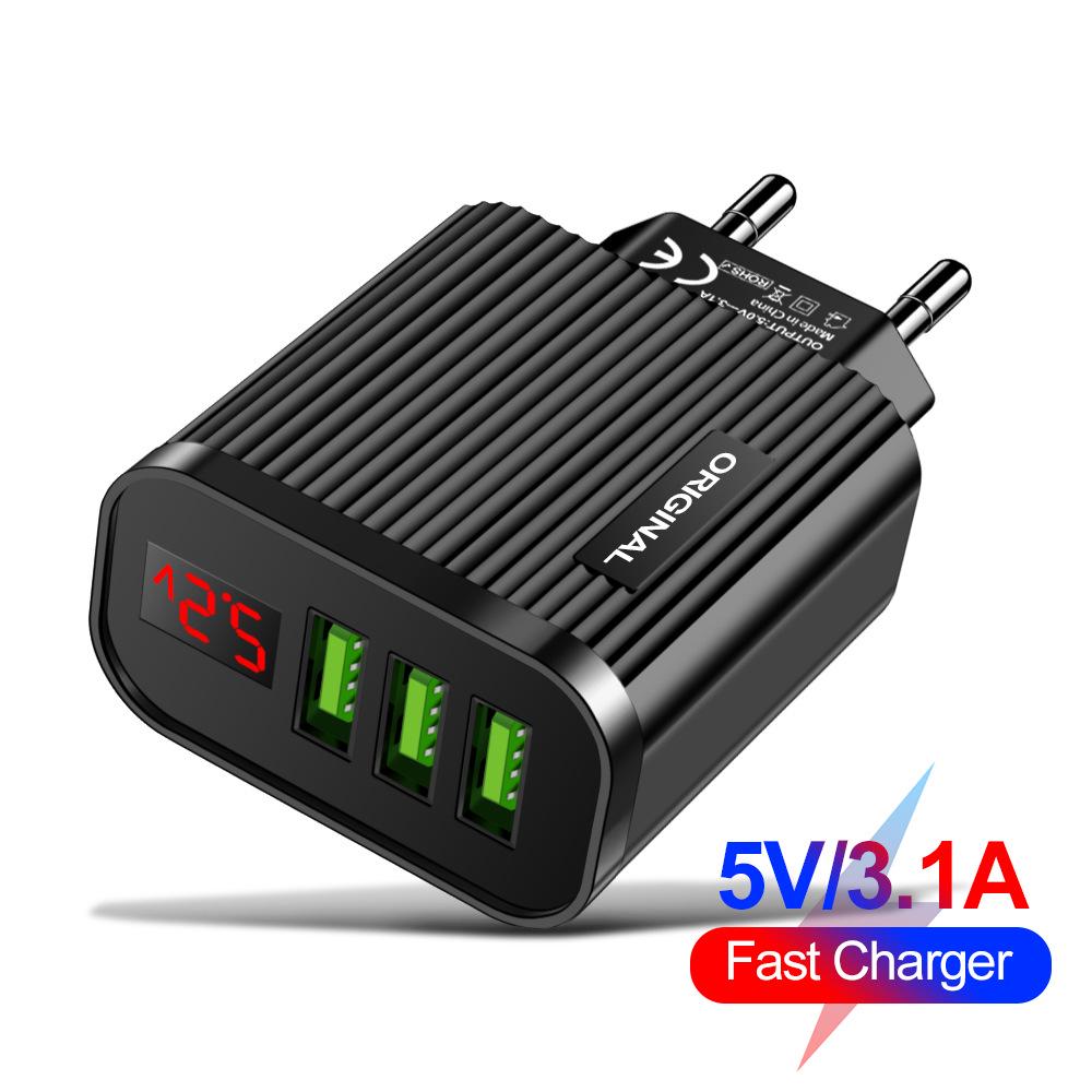 

3-Port USB Charger with Digital Display, 2.1A, EU/US Plug, For Mobile Phones US Plug чорний