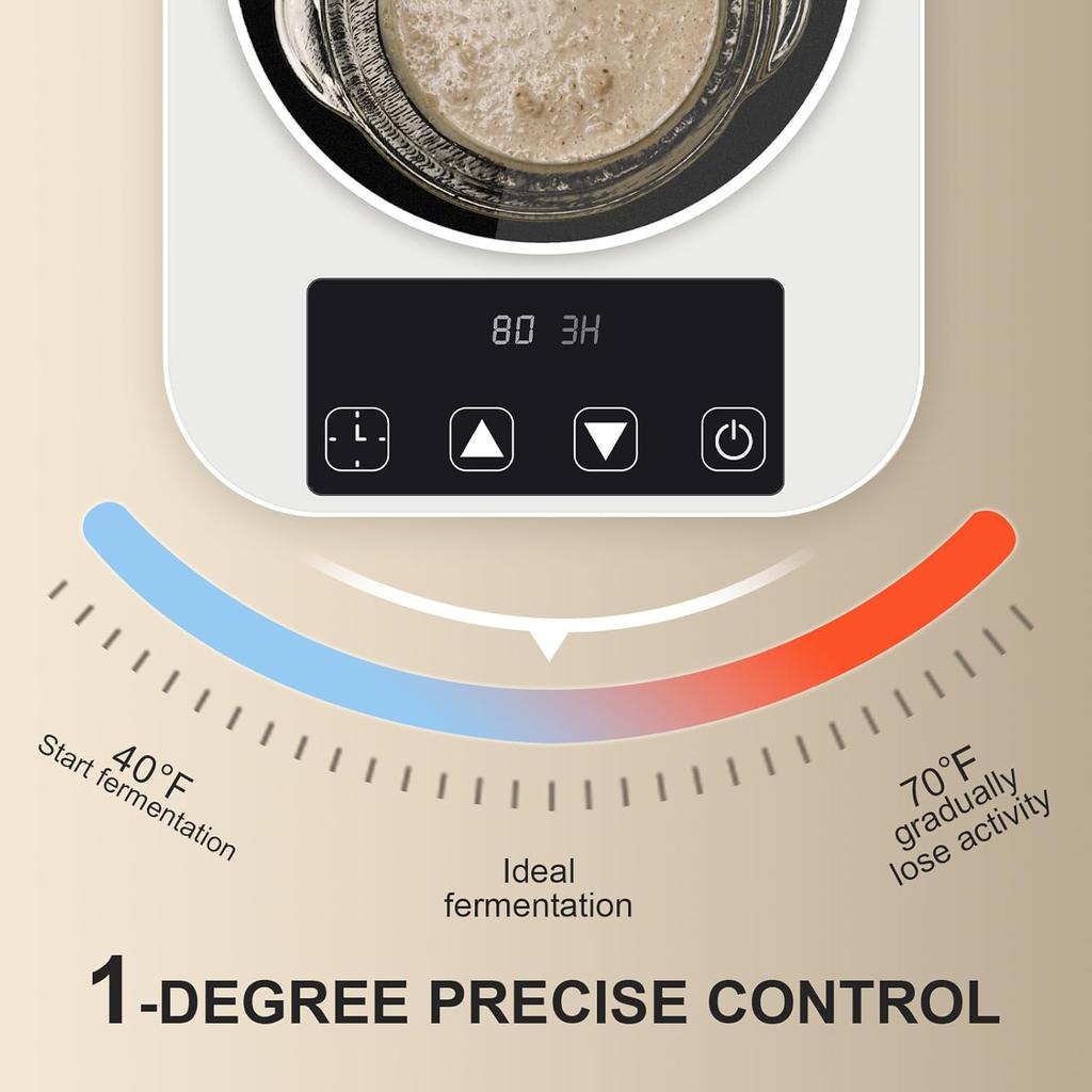 Sourdough Starter Warmer and 34oz Glass Sour Dough Starter Jar Kit Set, 1°F Precise Temperature Control From 70 to 100°F, 0-12H Timer Auto Warming