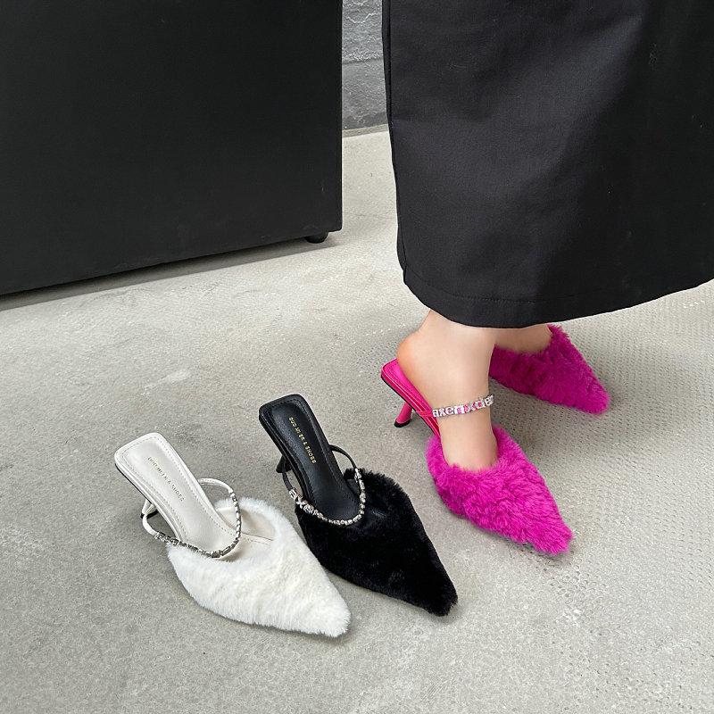 Fashion 2025 New Pointy Thin Heels Europe And The United States Fashion High Heels Fur Shoes Bao Head Sandals Empty A Line With A Middle