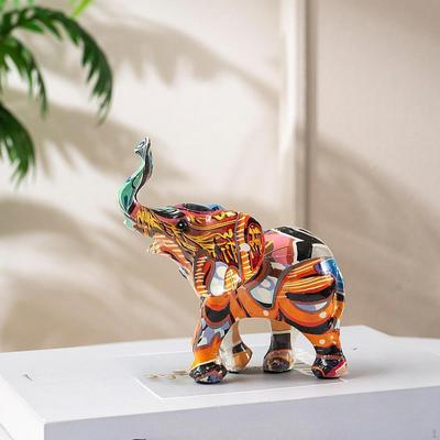 Statue d'éléphant colorée avec trompe sur étagère, décoration artisanale pour la maison, 12,5 x 5,5 x 13,5 cm
