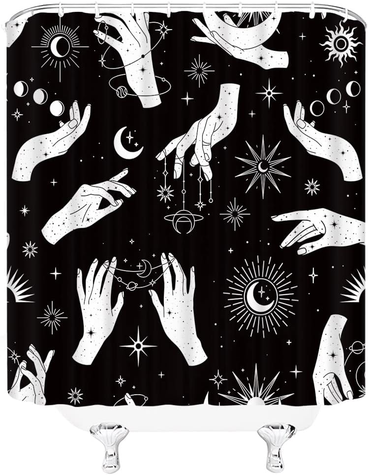 Witchy Shower Curtain Sun Moon Ouija Board Star Spooky Hand Palmistry Magic Tarot Boho Witchcraft Alchemy Gothic Halloween Black