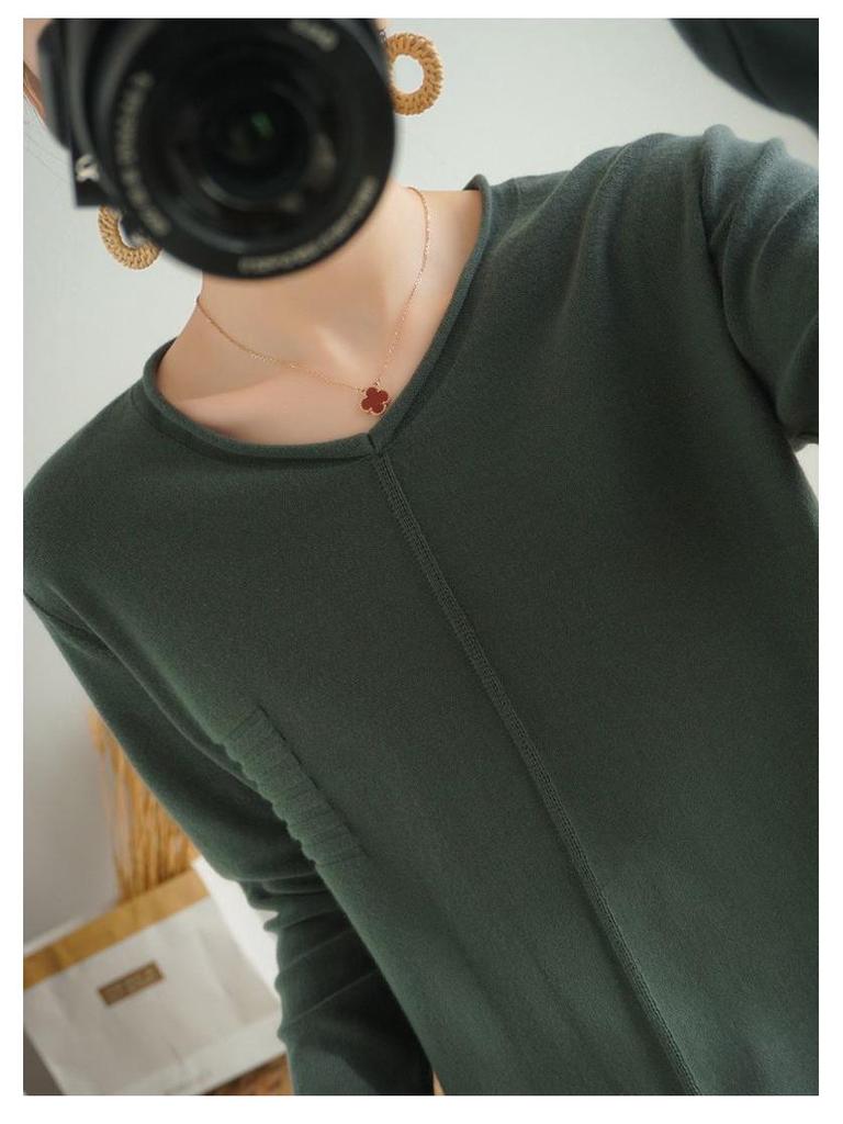 Baumwollpullover im koreanischen Stil mit gerolltem Saum und Rundhalsausschnitt für Damen, langärmlig und locker geschnitten