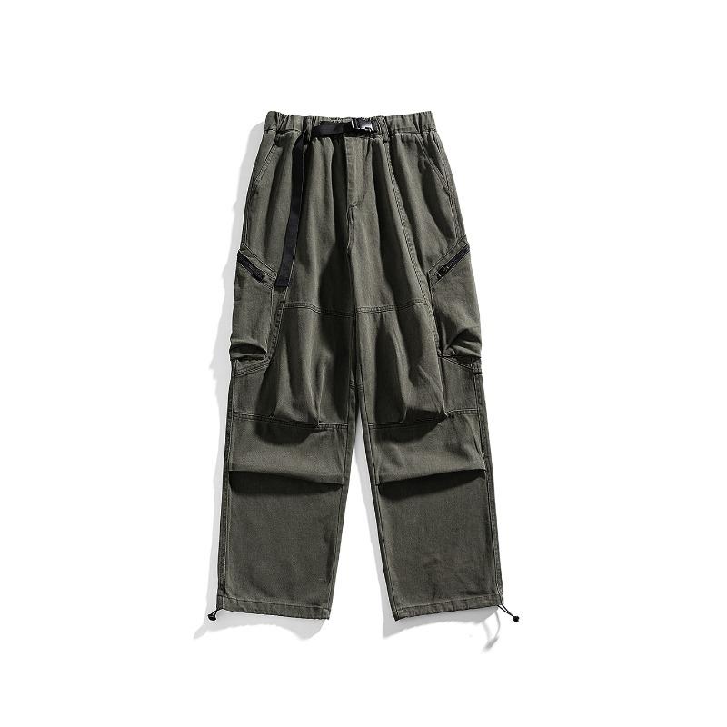 Solid Color Deconstruction Overalls Men's Ruffian Handsome Big Pocket Casual Pants Design Sense Pure Cotton Green Straight Wide-leg Pants