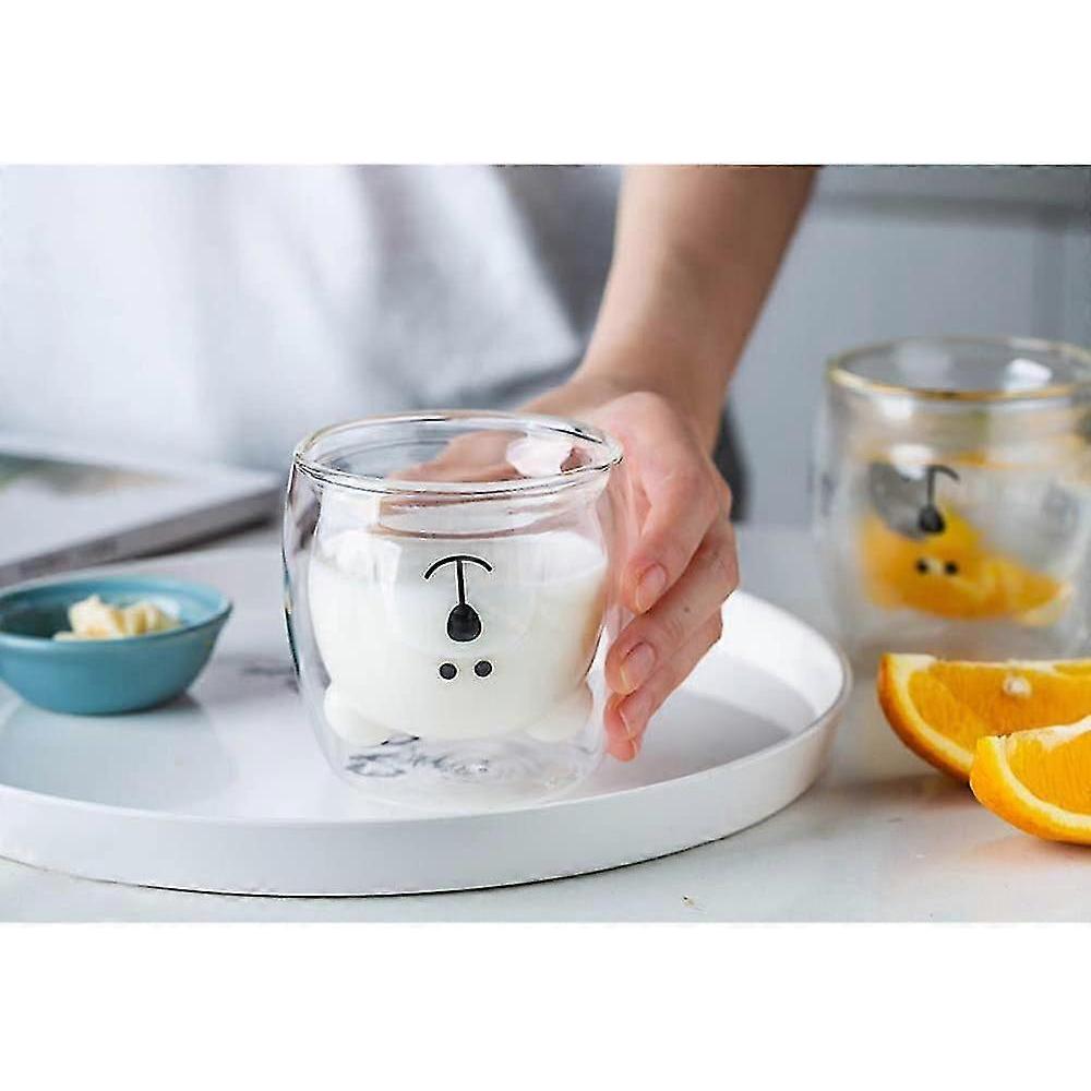 Cute Cups Of Coffee Tea Glasses Drinking Glasses Coffee Glass Double-Walled Insulating Glass Espresso Cup Bear Cat Mug (Happy Bear)