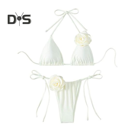 

2 шт./комплект женский комплект бикини на шнуровке бюстгальтер с подкладкой плавки комплект 3D цветочный декор пляжный стиль купальники M слоновая кость