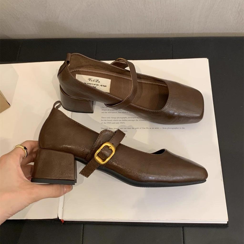 New rough mid-spring shallow mouth 2025 Mary Jane shoes women's skirt with shallow mouth single shoes French retro heel square head