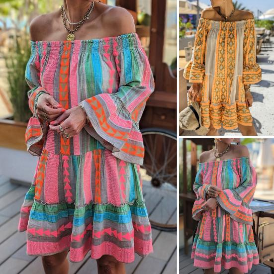 

Летнее женское расклешенное платье с открытыми плечами и длинными рукавами в богемном стиле, ретро-принт с оборками, свободное подол, праздничное платье