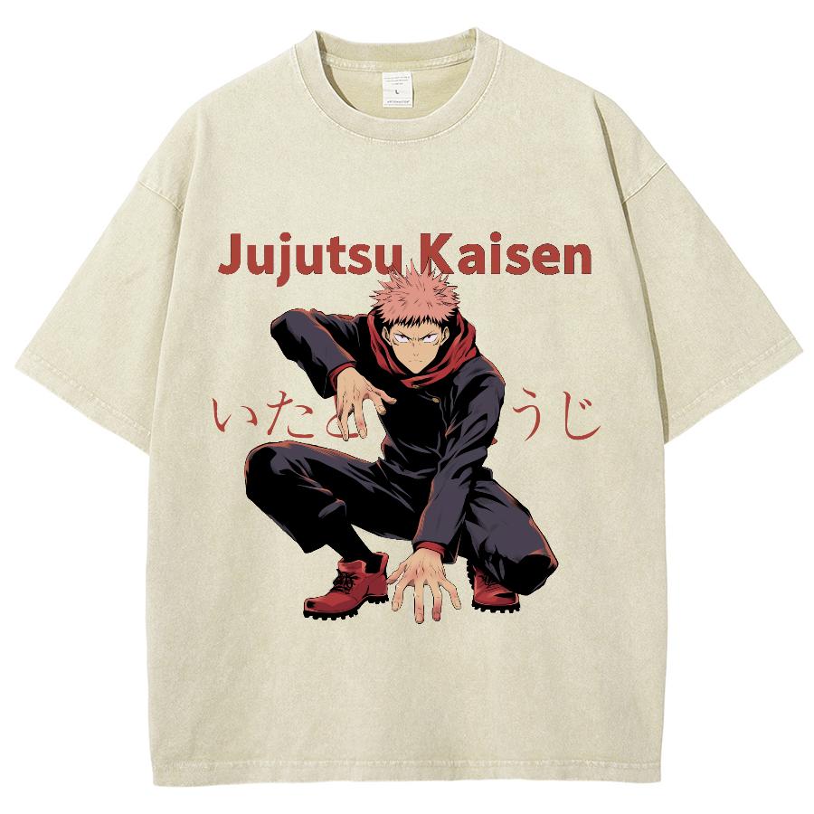Jujutsu Kaisen Anime Clothing Itadori Yuji Graphic Print Tee Men Women Short Sleeve Tshirts Harajuku Male Washed Cotton T-shirt