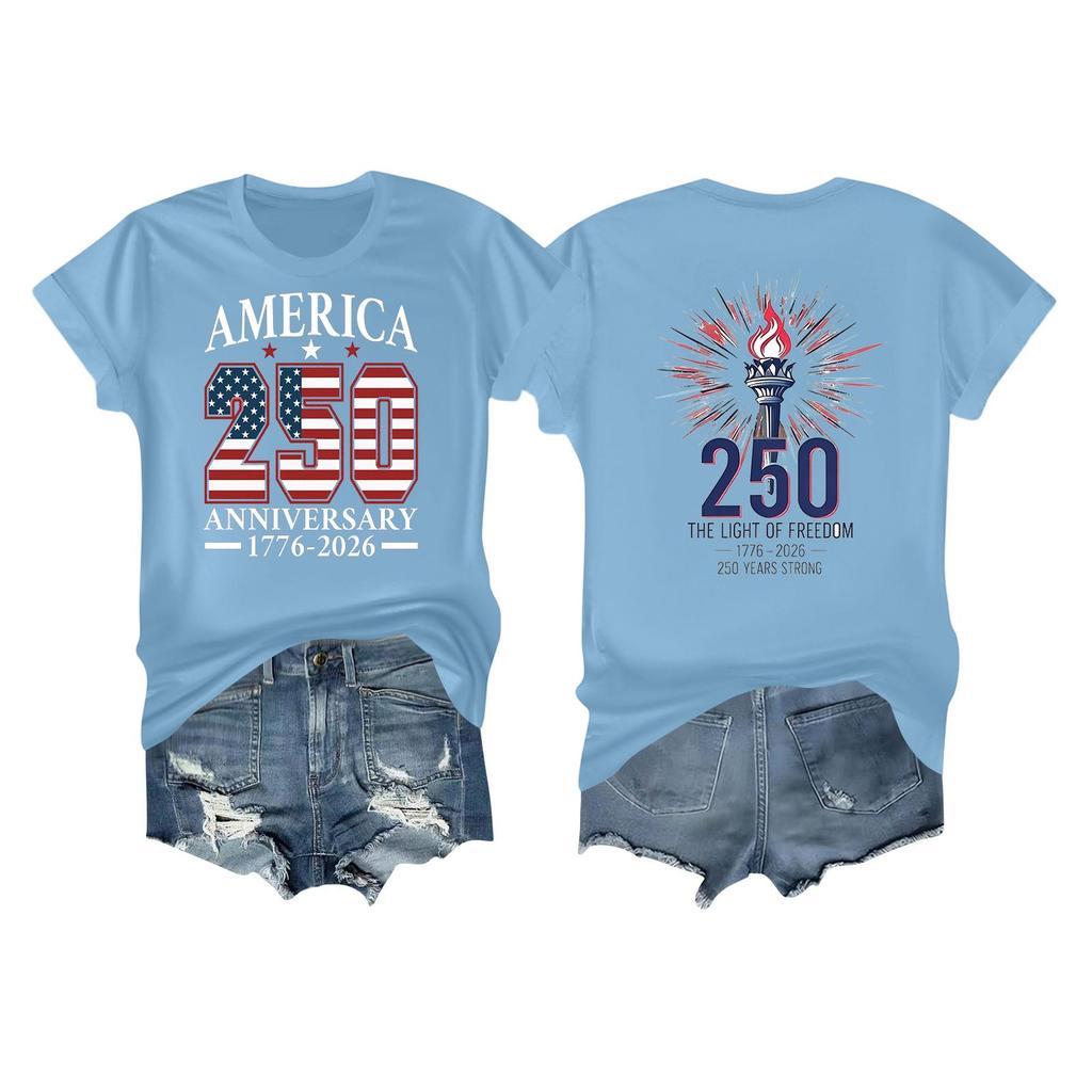 Women's Casual Independence Day 250 Anniversary Printed T-shirt Round Neck Pullover Short Sleeve Top