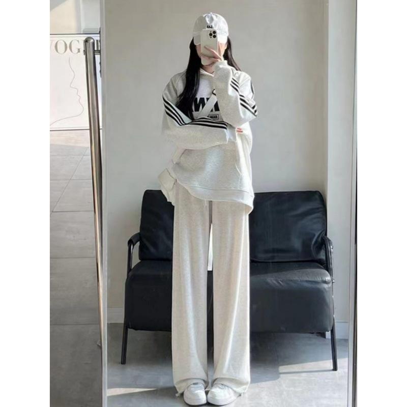 Women's American-Style Gray Sweatpants: Spring & Autumn Loose Fit, Slimming, Wide-Leg, Straight-Leg, Winter Fleece-Lined.