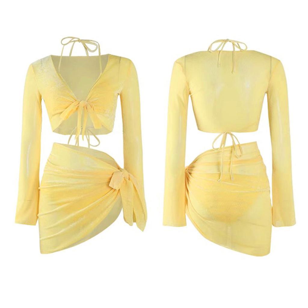 1011 New Swimsuit Women's Explosive Four-piece Set Split Long-sleeved Sunscreen Holiday Seaside Yellow Pure Desire Wind Bikini