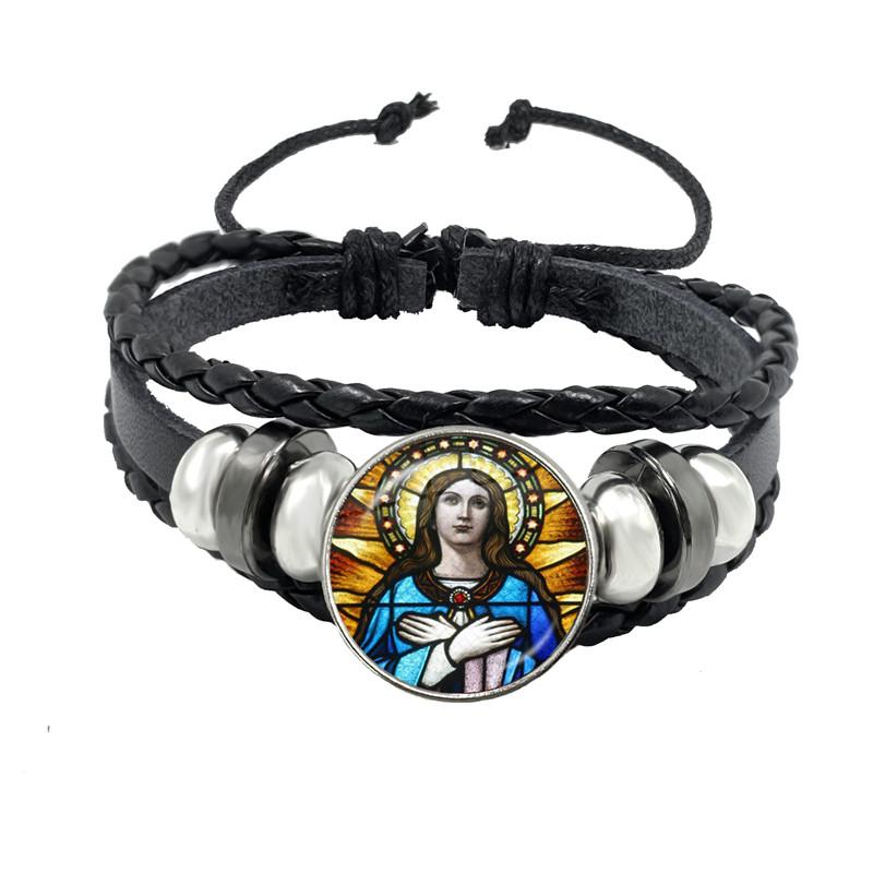 Virgin Mary Baby Jesus Christian Catholicism Jewelry Black Button Leather Bracelet Blessed Mother Religious Glass Cabochon Gift