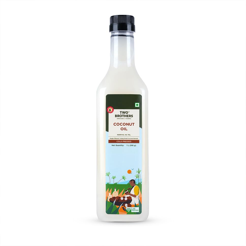 Two Brothers Organic Farms Cold Pressed Coconut Oil Natural Unrefined Cooking Oil for Baking Hair Skin Care 1 Litre