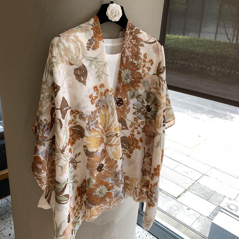 Literary And Retro Bronzing Printing Long Silk Scarf Sunscreen Shawl Travel Photo Decoration Yarn Outer Scarf Shawl