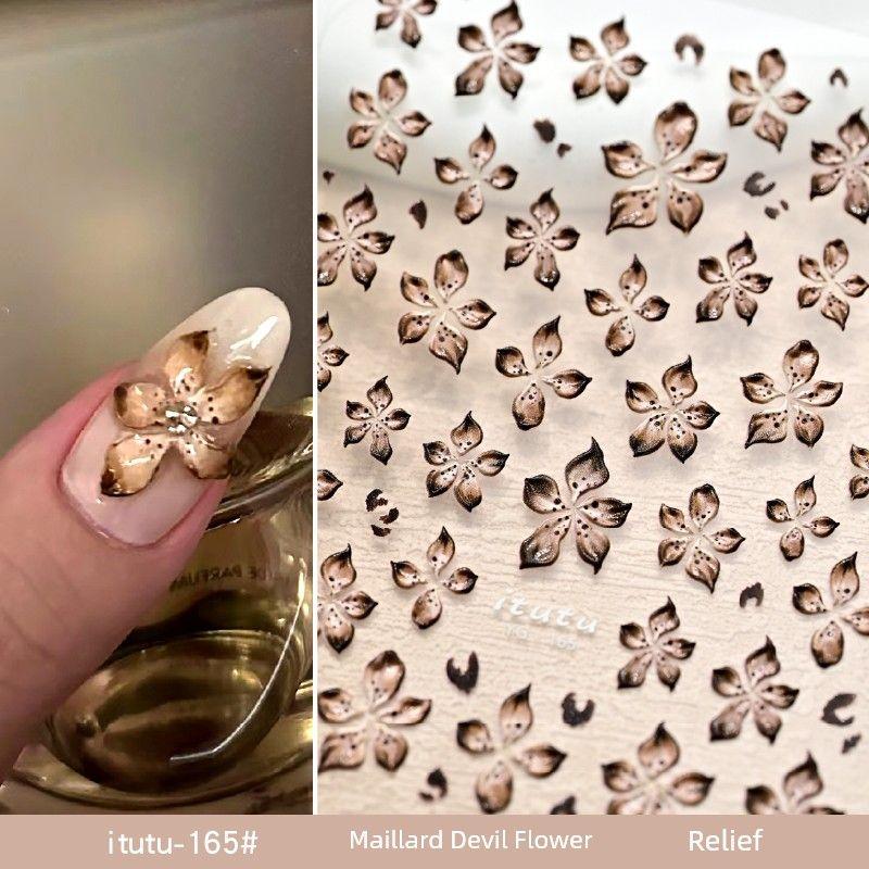 

New Arrival Relief Three-Dimensional Adhesive Five Petal Flower Nail Sticker Maillard Devil Flower Relief