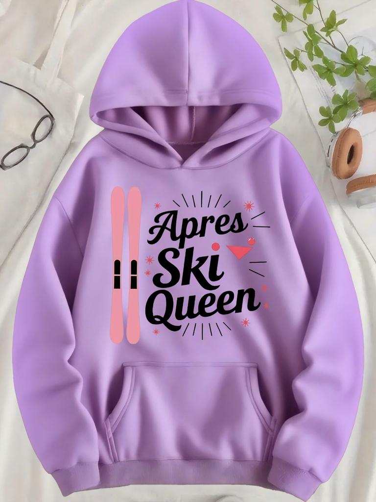 Women Snowboard "Apres Ski Queen" Print Fleece‑Lined Hoodie Warm Casual Sweatshirt With Pocket