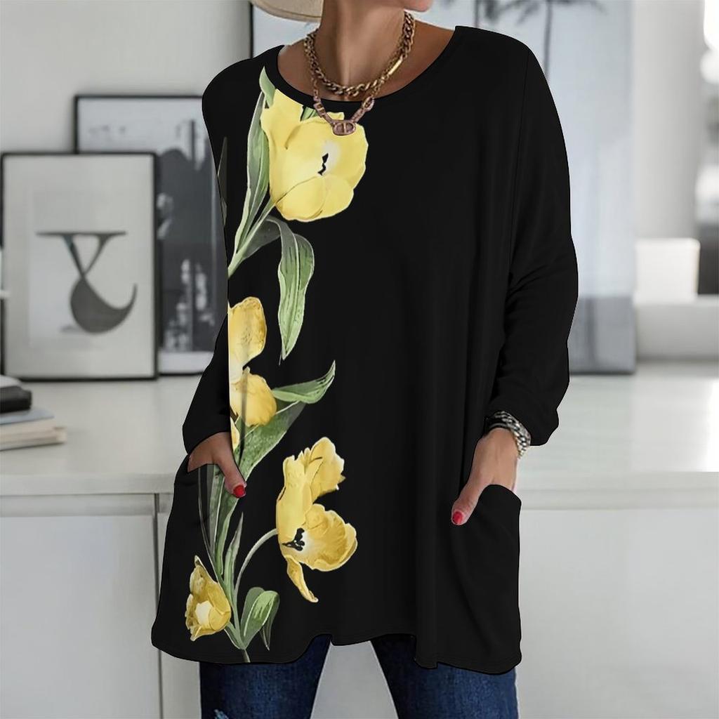 Plus Size Women Round Neck Long Sleeve Tee Soft Loose Tops For Daily Stroll And Indoor Rest