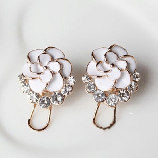 Women Peony Camellia Flower Rhinestones Alloy Ear Stud Earrings Party Jewelry