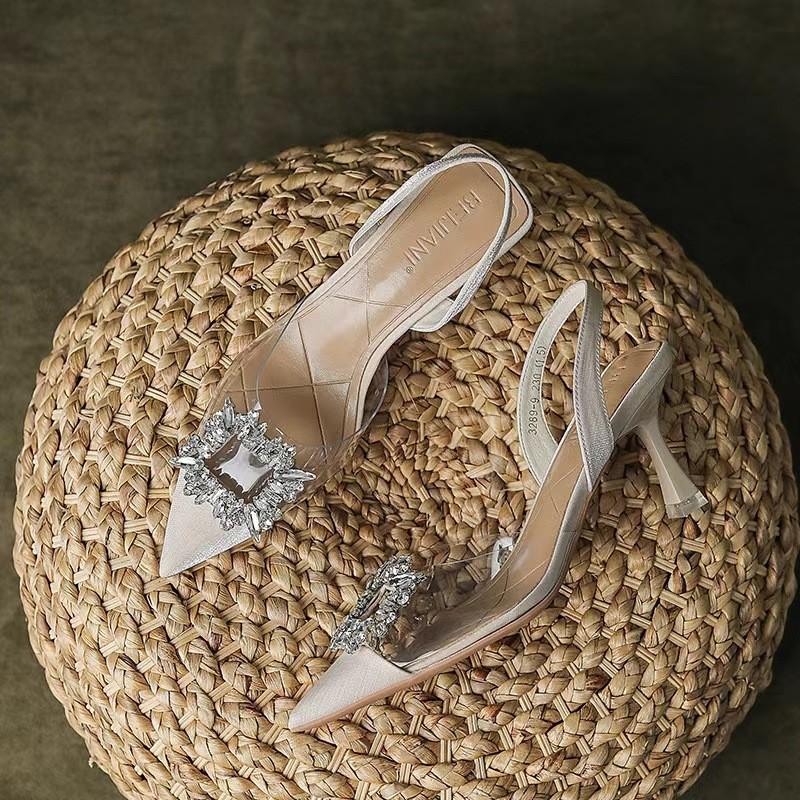 Women's Baotou Sandals Summer New Pointed Head Shallow Mouth Crystal Buckle Anti-slip Wear-resistant High Heels