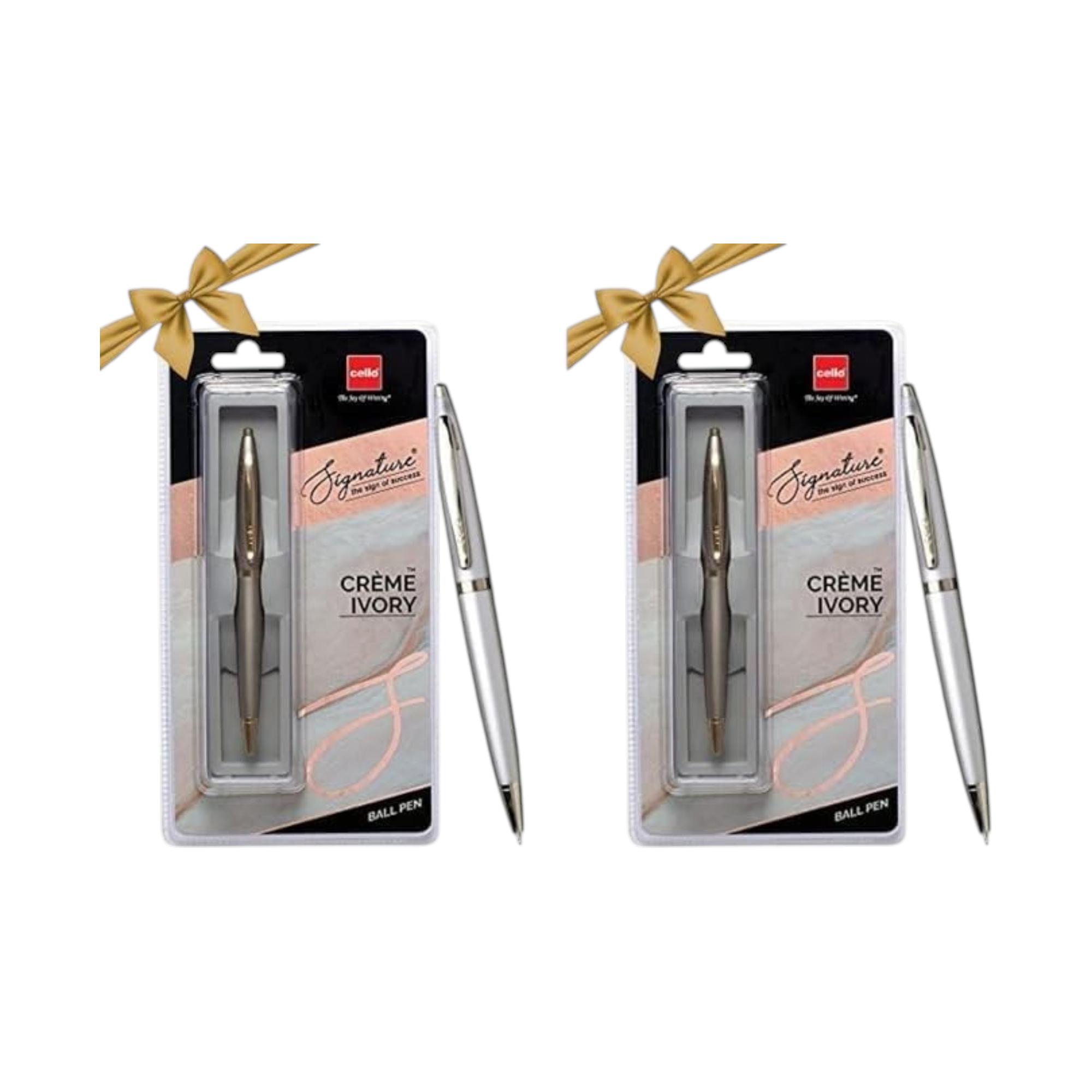 Cello Signature Creme Ivory Ball Pen Pack Of 2 Blue Ink 0.7 Mm Fine Tip Metal Twist Mechanism Office Gift Pen Set