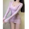 Fashionable, Sexy, Pure V-neck Long-sleeve Dress, Women's Spring, New Slimming Inner Layer, Hip-hugging Short Skirt