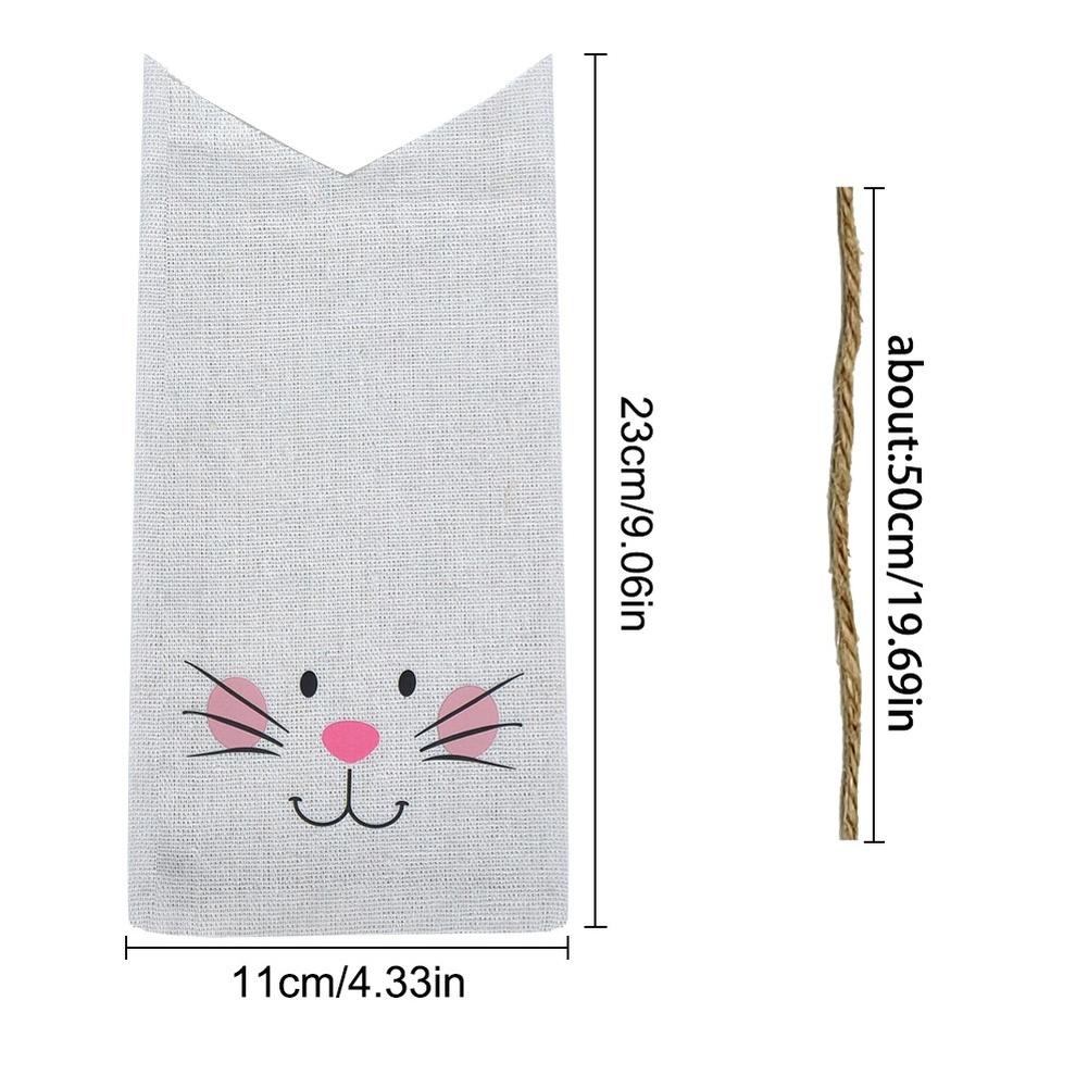 White cotton linen reusable candy bag for Easter with rabbit ear design heat transfer print measures 23 11cm one bag or ten