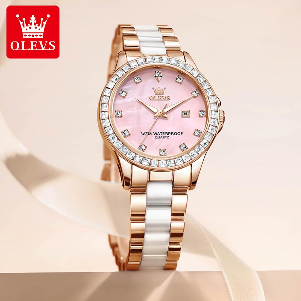 OLEVS Quartz Wristwatch Elegant Luxury Ceramics Strap Waterproof Auto Date Diamond Bezel Watch for Women