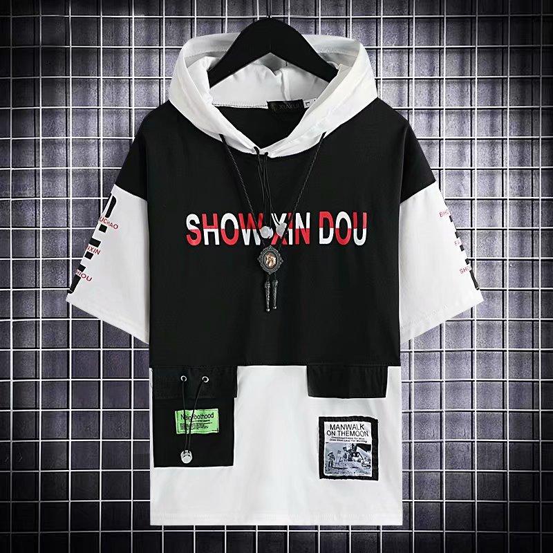 Summer Men's Hooded Japanese Style Summer Patchwork Hooded Tee - Unisex Trendy Short-Sleeve for Men & Women Plus Size