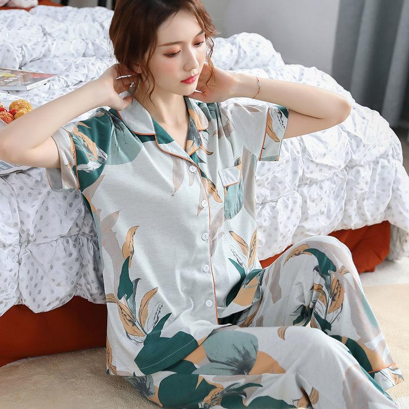 Summer cotton pajamas women's short-sleeved trousers middle-aged women's plus-size cardigan set thin loungewear