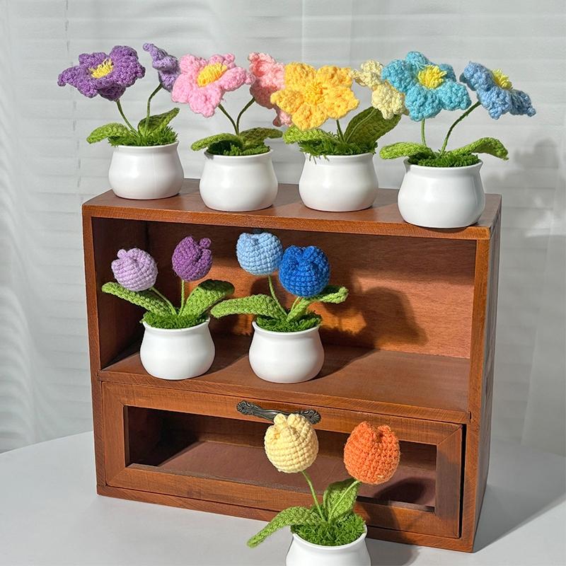 Artificial Flowers Potted Crochet Flower Ornament Desk Accessories Room Decoration Home Decor Holiday Gifts