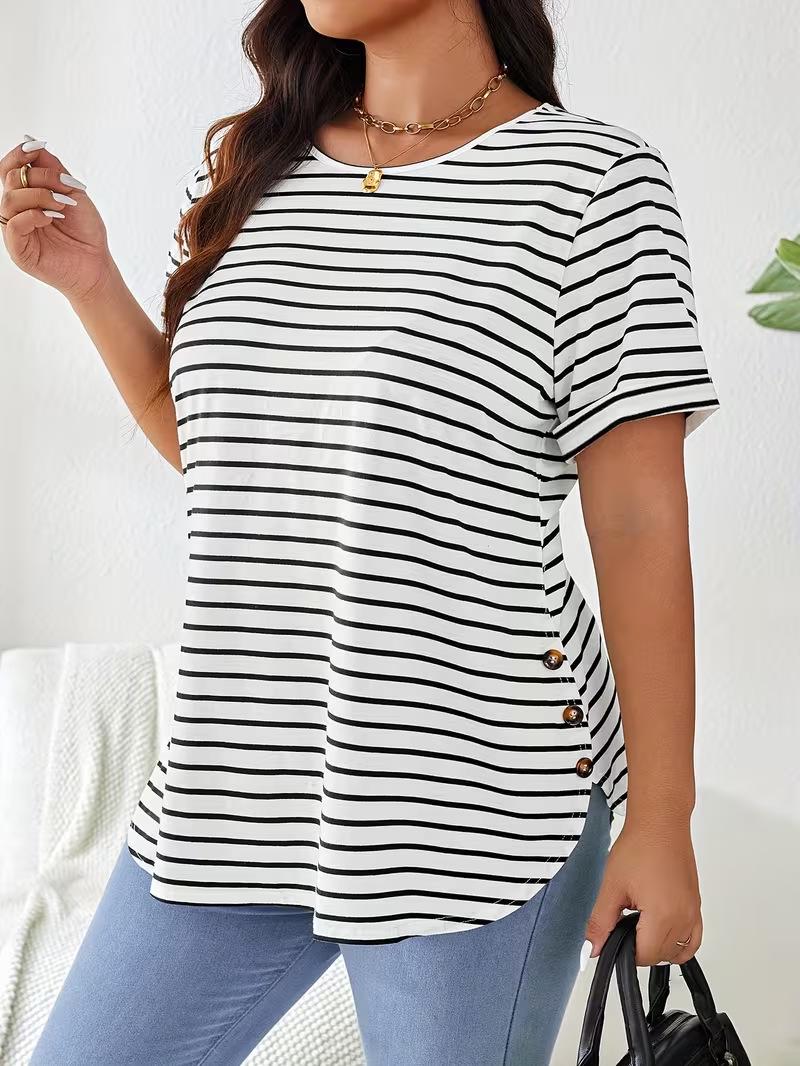 Casual Striped Round Neck Loose Fit Women s T-shirt 2 Extra Large чёрный