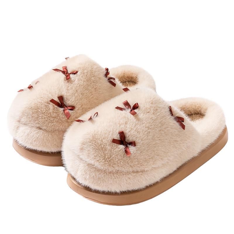 Women's Bowknot Plush Cotton Slippers - Thick, Warm, Non-slip Indoor Footwear for Autumn/Winter 2025