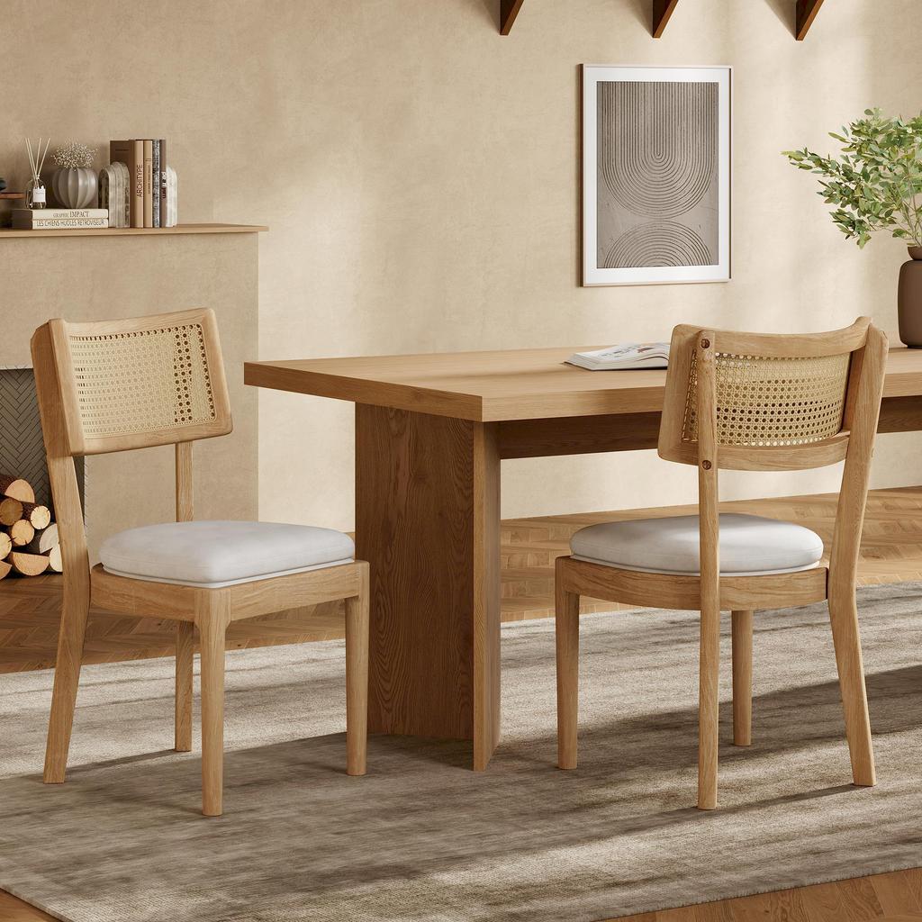 4 Dining Chairs Made of Solid Wood with Rattan Backrests, Comfortable and Breathable, Suitable for Dining Room, Cafés, Modern Style, Linen, Wood Color