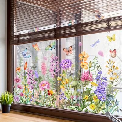Adesivi per finestre riutilizzabili con farfalle e fiori di campo, adesivi in PVC impermeabili bifacciali per la decorazione di casa e ufficio