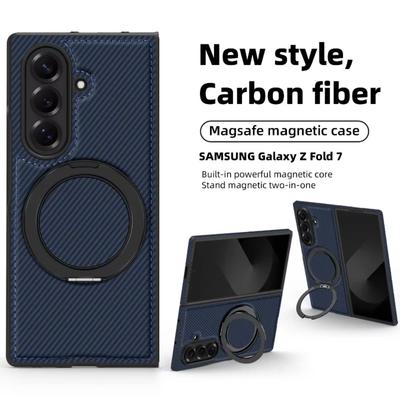 Funda de Cuero Sle Kevlar Fibra de Carbono Soporte Magnético para Teléfono para Samsung Galaxy Z Fold 7 6 5 4 3 Cubierta Protectora con Soporte Giratorio 360