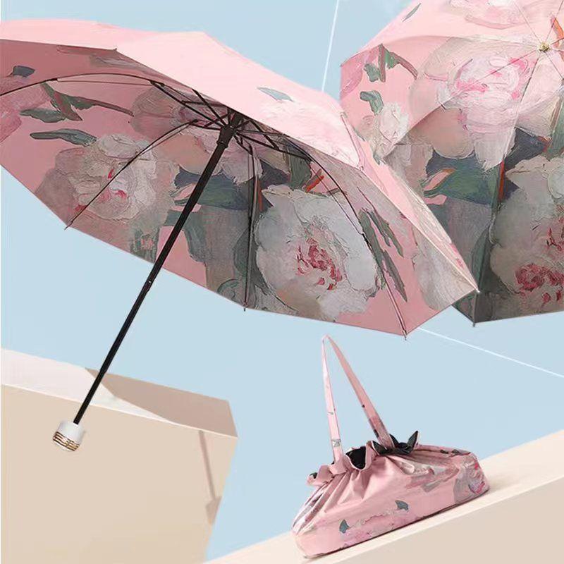 Double layered sun umbrella with female illustration hand drawn, compact and convenient folding, sun shading and UV protection, five fold umbrella