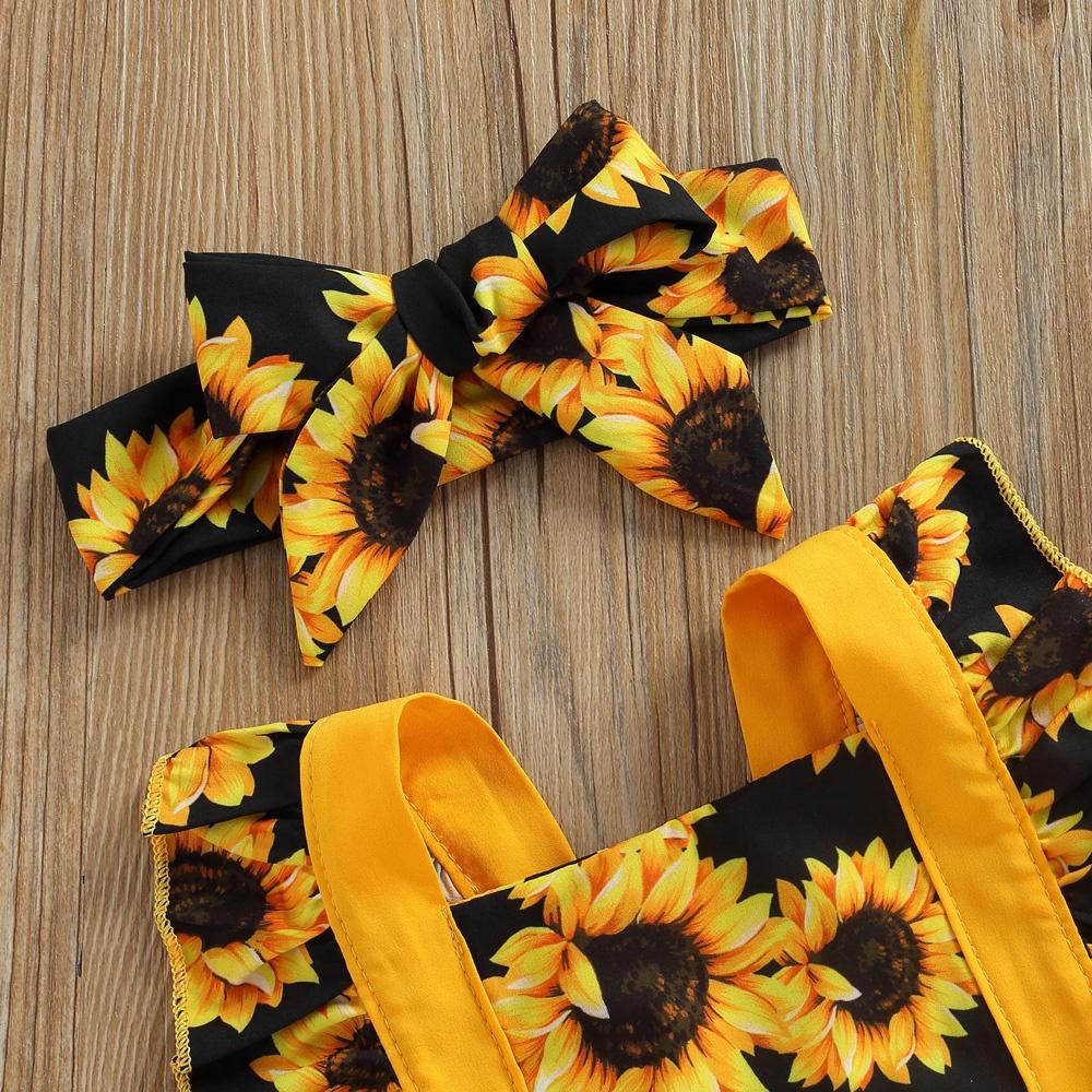 Vêtements pour nouveau-nés filles de 0 à 24 mois, imprimé tournesol, manches à volants, barboteuse dos nu avec bandeau