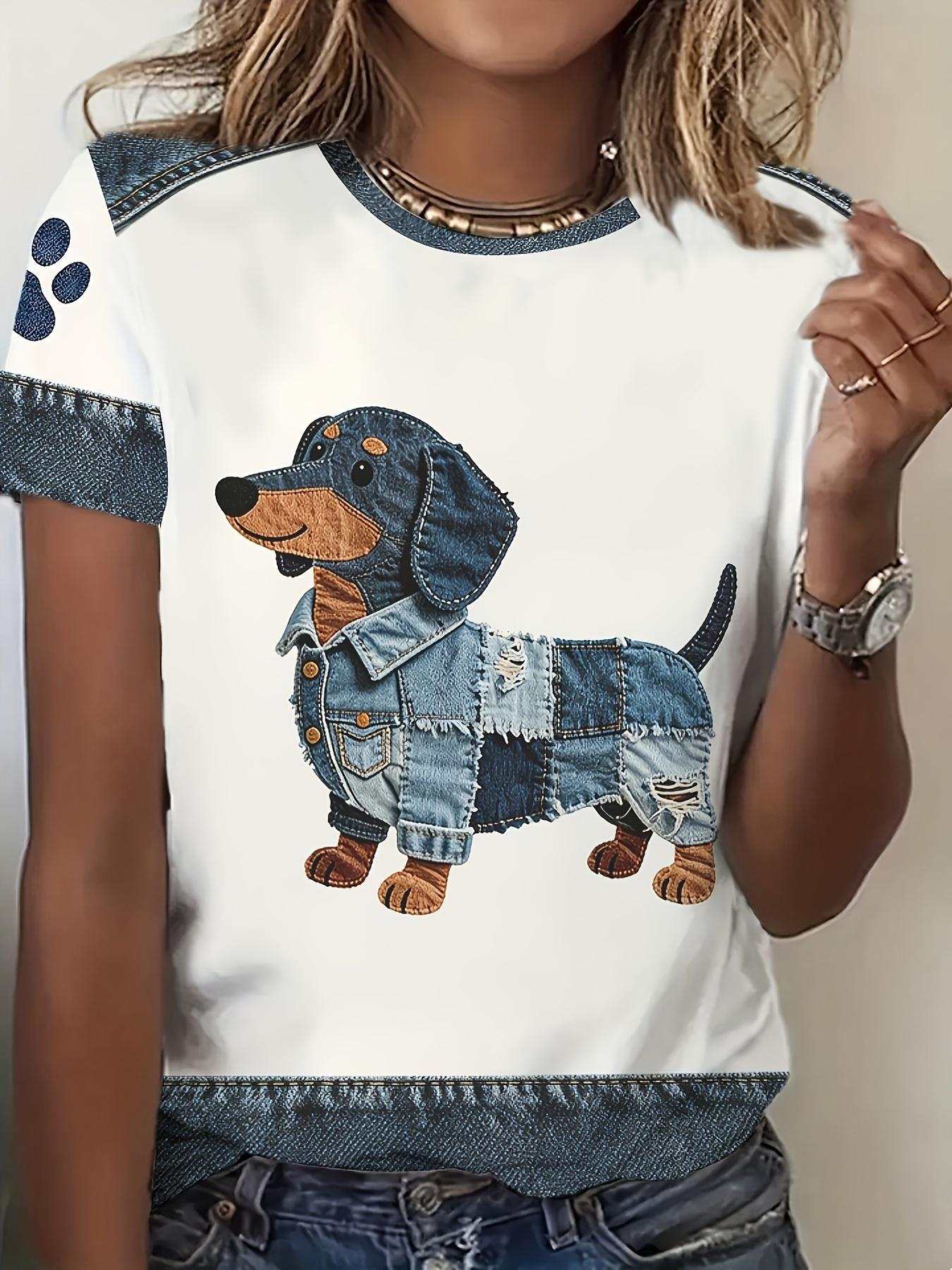 

[Printed Design-Not Textured]Women s Trendy Denim Patchwork Dachshund T. Cute Paw Color Block Short Sleeve. Pet Lover s Casual Crew Neck Top. Vintage 3XL дубильна кора