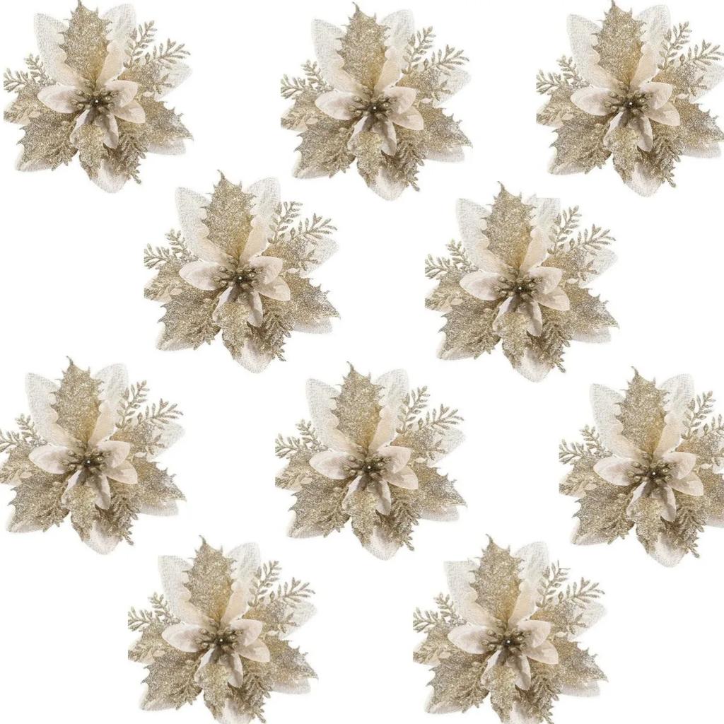 10PCS Christmas Flowers Red Gold Bling Flower Heads For Noel Home Tree Decorations Navidad Party Table Setting Decor Supplies