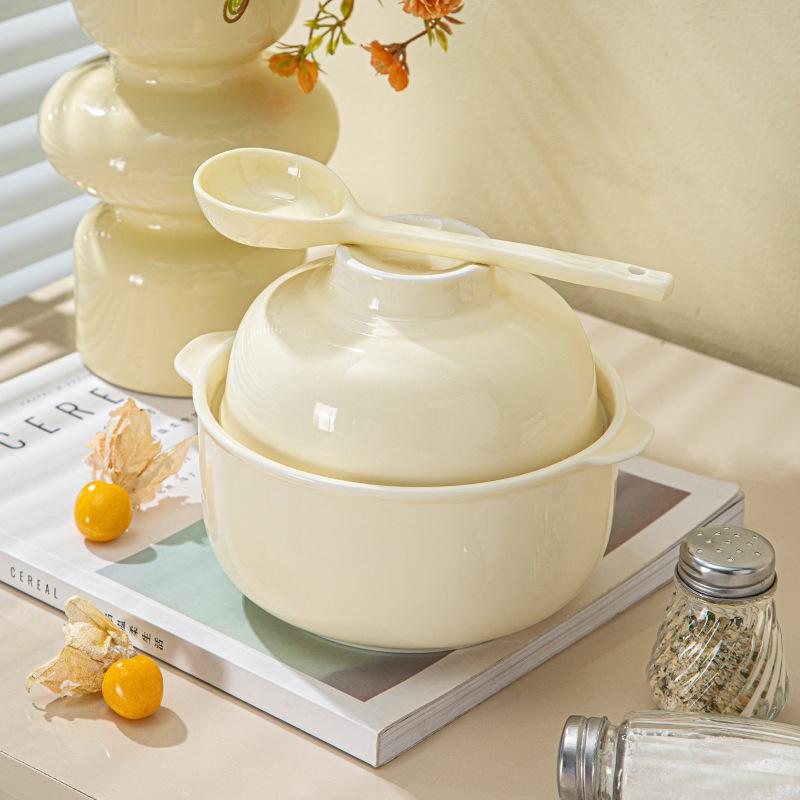 Round Ins Wind Instant Noodles Ceramic Bowl With Lid Student Dormitory Yogurt Bowl Cute Tableware Bowl Soup Bowl Set