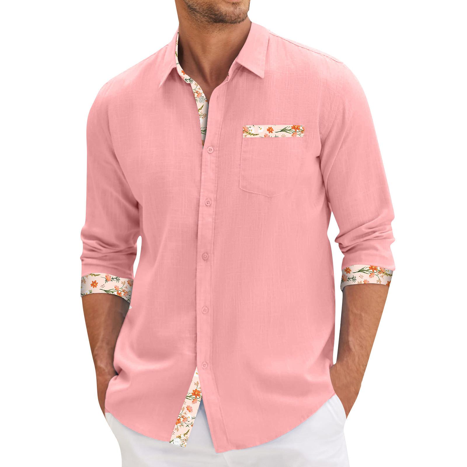 

Men s Summer New Loose Print Long Sleeve Shirt Cardigan Beach Shirt XXXXL рожевий