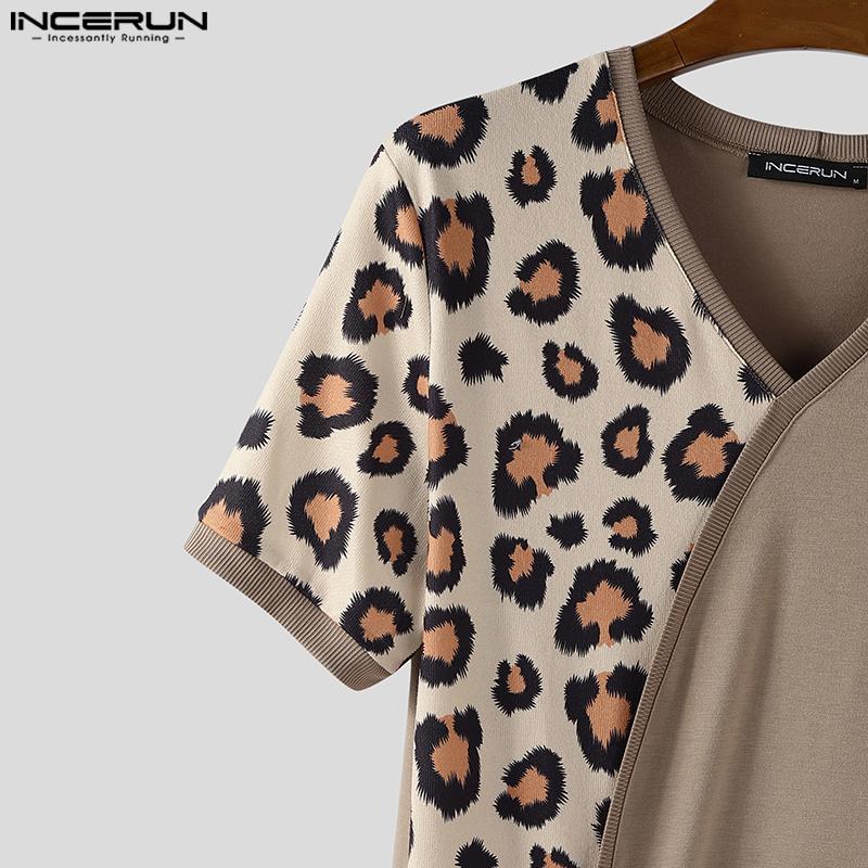 INCERUN Men V Neck Short Sleeve Leopard Patch Bow Knot Casual T-shirts