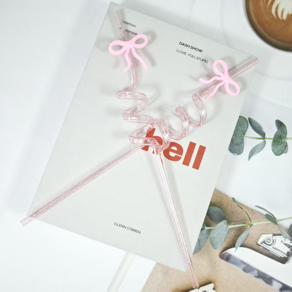 Reusable Pink Butterfly Bow Drinking Straw With Spiral Design For Kids And Party Use