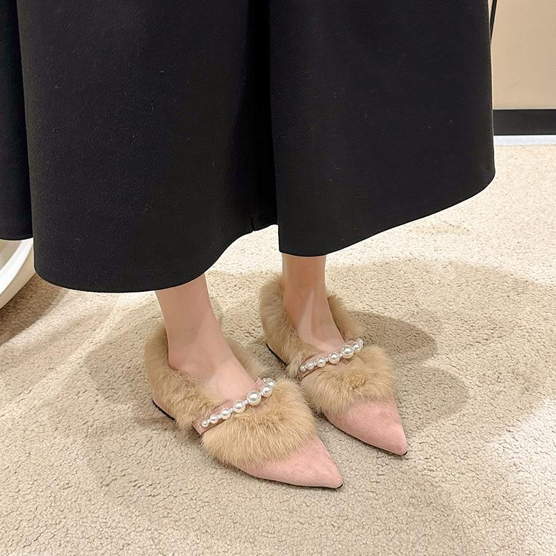 Pointed Toe Thick Heel Fur Shoes for Women 2025 Autumn and Winter New Korean Version All-match Velvet Outward Wear Single Shoes