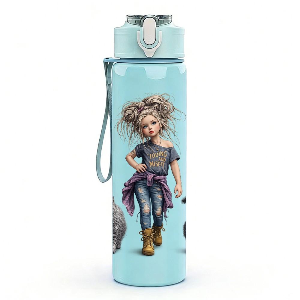 1PC Rag Doll Girl Toy Character Print 750ml Color Plastic Sports Water Bottle Leakproof Flip Straw Lid Suitable for Sports Office Home Use